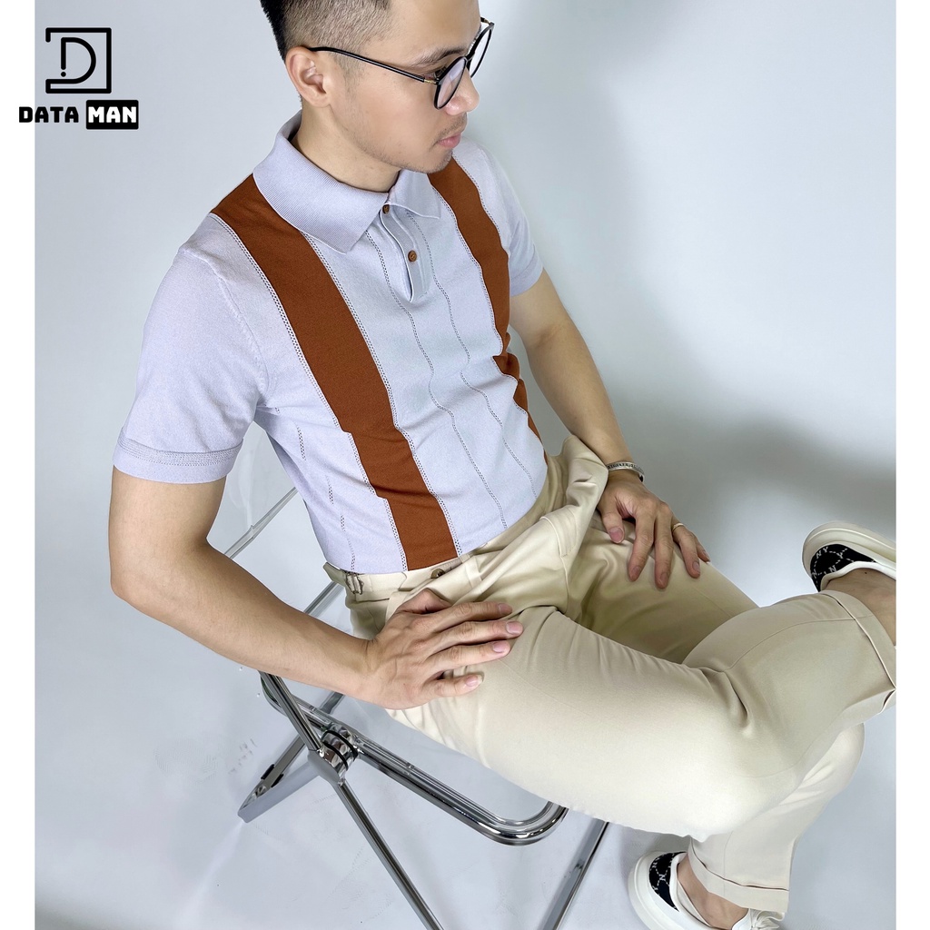 Áo thun POLO kẻ sọc dệt kim mùa hè nam, tay ngắn, mỏng nhẹ, thoáng mát phong cách Hàn Quốc