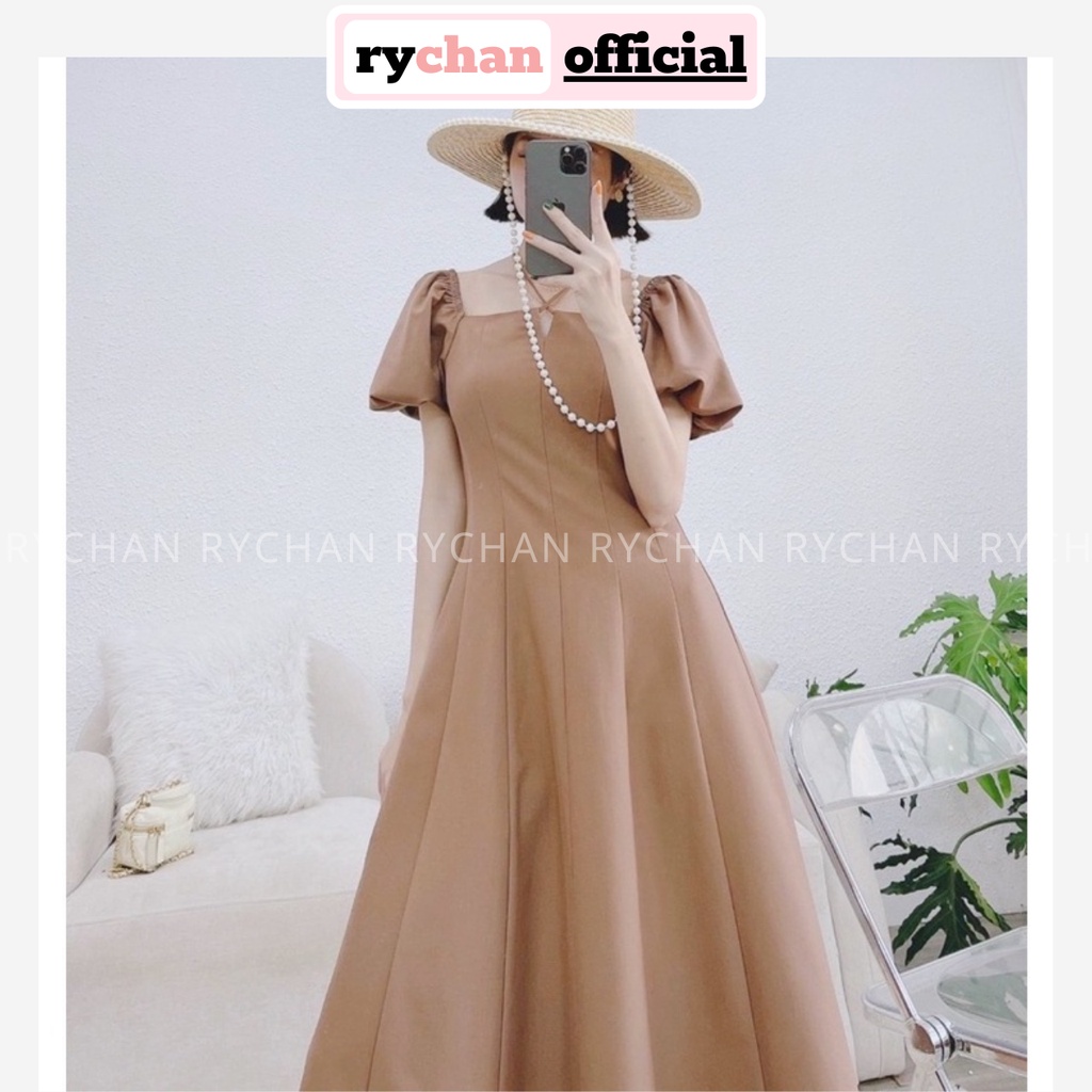 Đầm Nữ Dự Tiệc Cổ Vuông Tay Ngắn Phồng Dây Cổ Cực Khí Chất, Đầm Dài Xòe Kem Đậm - DX9772