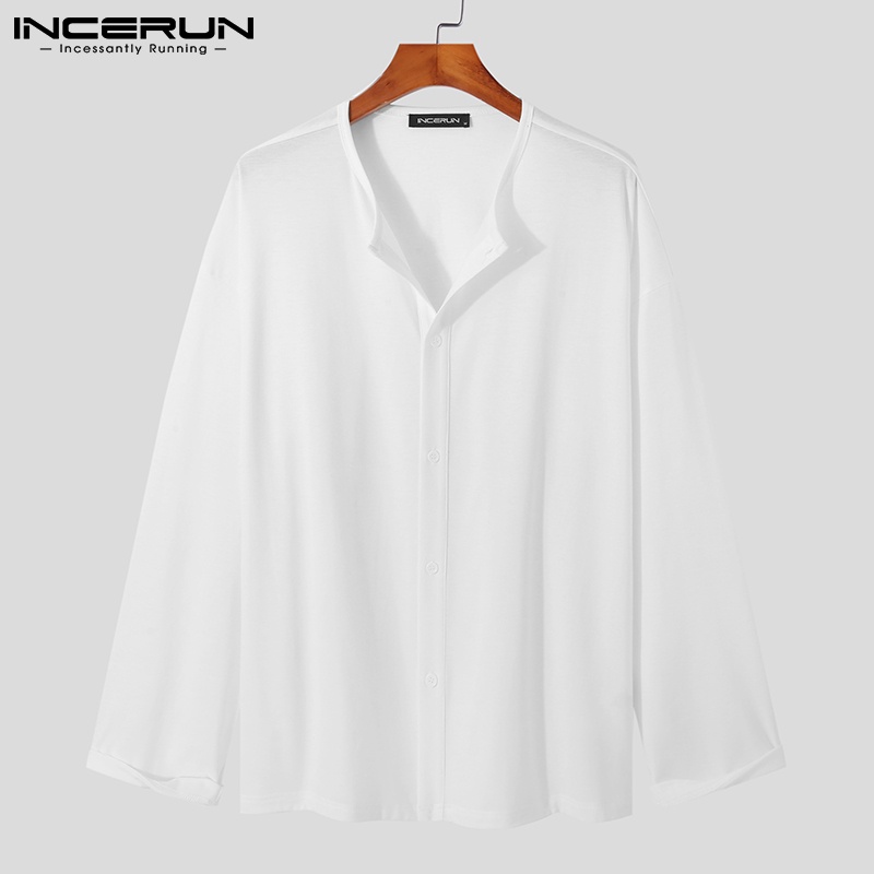 Áo sơ mi INCERUN tay dài dáng rộng thoải mái màu trơn cài khuy cho nam