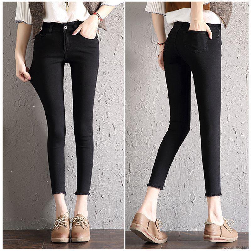 Quần Jeans rách lưng cao thiết kế dáng rộng thoải mái cho nữ