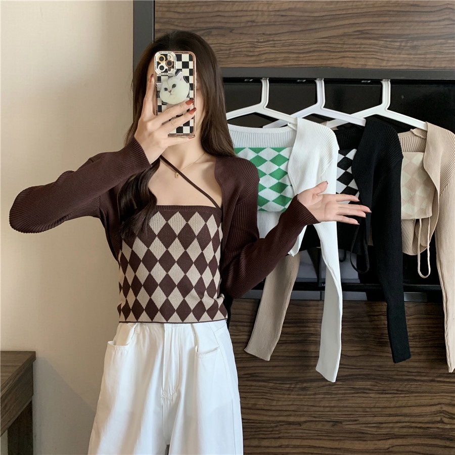 SUXI Set 2 món gồm áo ống crop top họa tiết kẻ ô + áo dài tay dệt kim thời trang Hàn Quốc