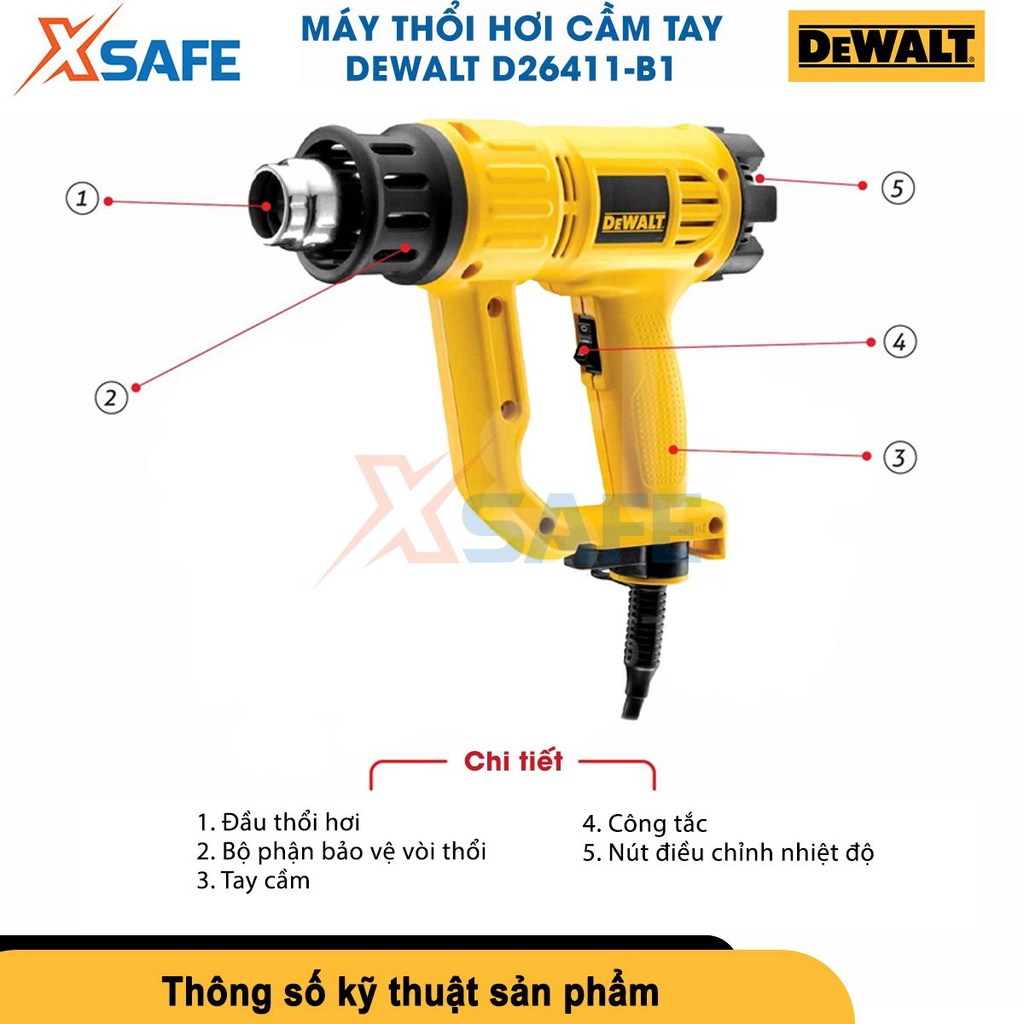 Máy khò màng co DEWALT D26411-B1 1800W, có nút điều chỉnh nhiệt độ 50-600°C,kèm 2 đầu ống tròn và dẹp[CHÍNH HÃNG][XSAFE]
