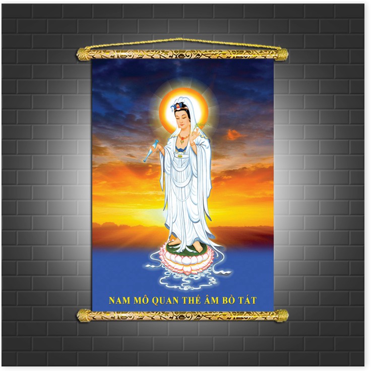Tranh Liễn Phật Giáo - Quan Thế Âm Bồ Tát, Vải canvas cao cấp nẹp sáo gỗ tự nhiên tặng vòng tay phật giáo | BigBuy360 - bigbuy360.vn