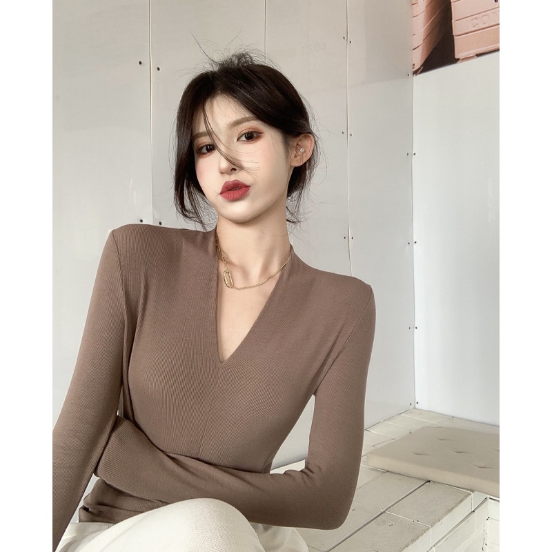 QKOOLE  Áo Dệt Kim Tay Dài Cổ Chữ V Màu Sắc Đơn Giản Phong Cách Hàn Quốc