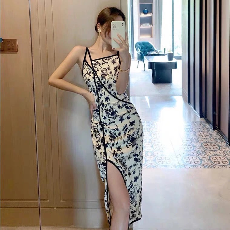 Đầm sườn xám hai dây họa tiết hoa thời trang mùa hè cho nữ