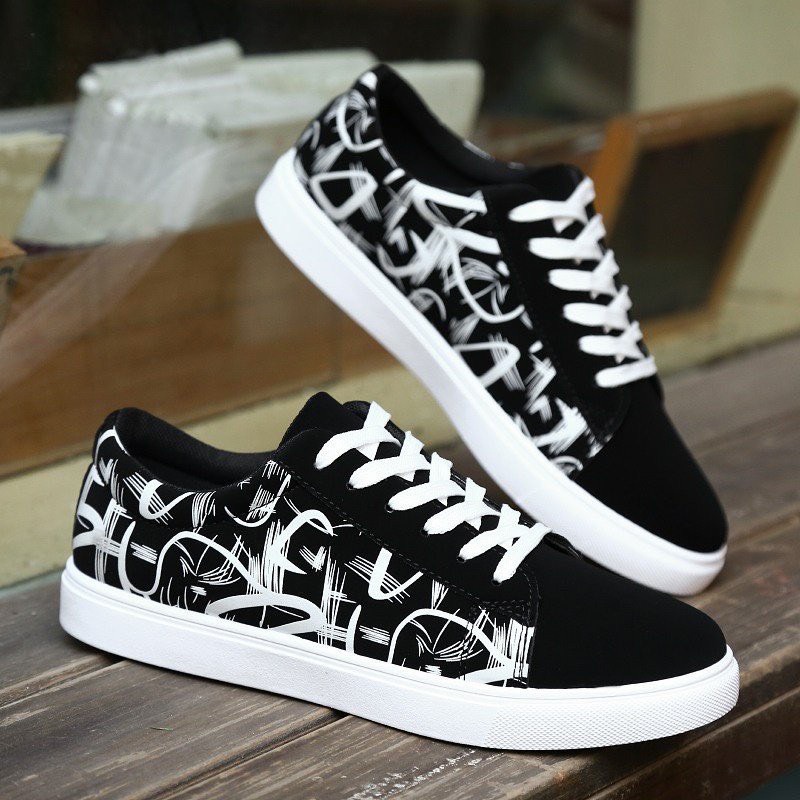 Giày thể thao Sneakers nam họa tiết hoa văn màu đen trắng đơn giản cục chất