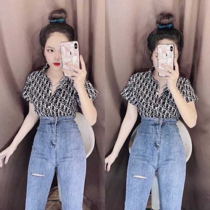 Jeans dài lưng cao co giãn không túi rách 1 line