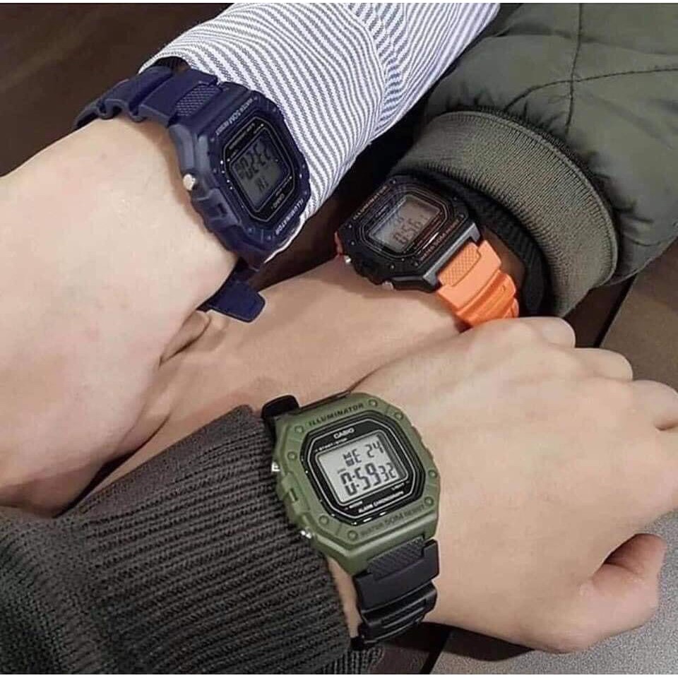 Đồng hồ điện tử Nam chính hãng Casio W-218H-2A-Máy pin Quartz thời gian 7 năm-Dây nhựa cao cấp-Đủ 5 màu