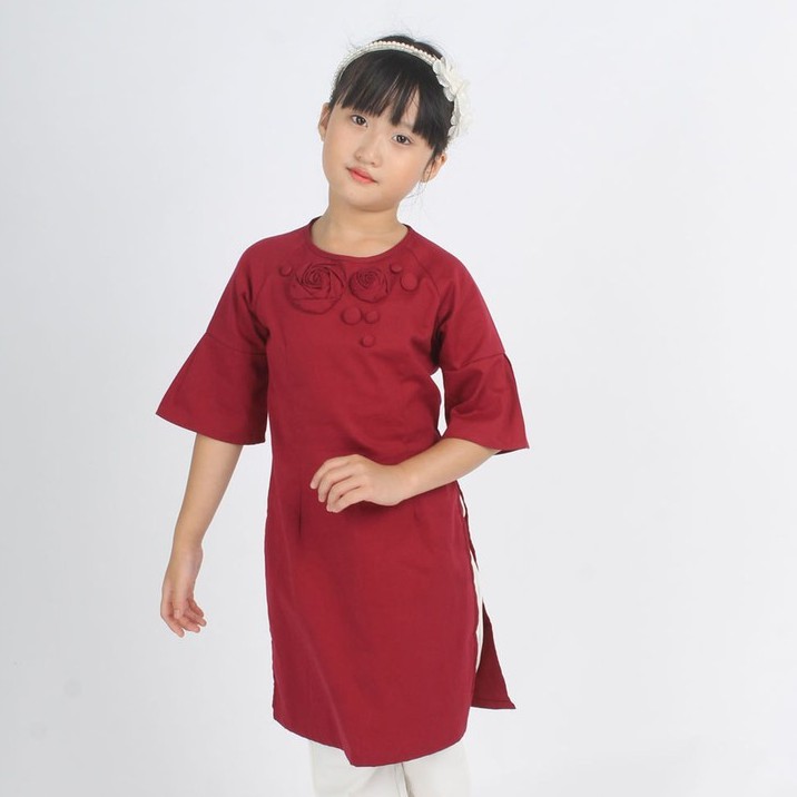 áo dài thiết kế cho bé gái  linen đỏ đính hoa ADG022 - JADINY