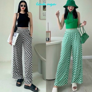 Quần dài ống rộng nữ sọc caro cạp chun co giãn, quần ống rộng chất tăm cạp chun kẻ caro nhiều màu sắc
