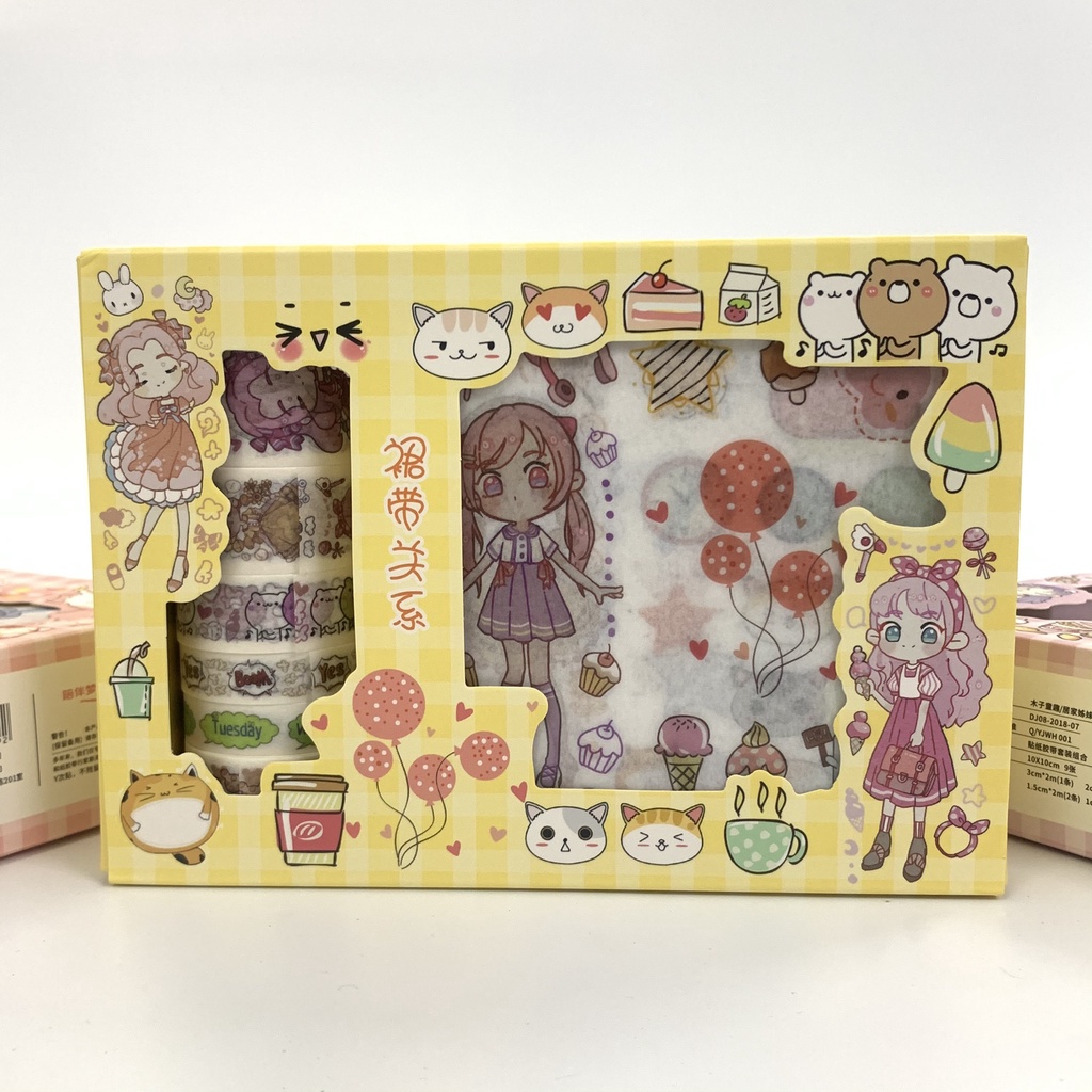 Hộp combo Sticker kèm Washi tape WS06 - Nhãn dán phong cách dễ thương trang trí sổ