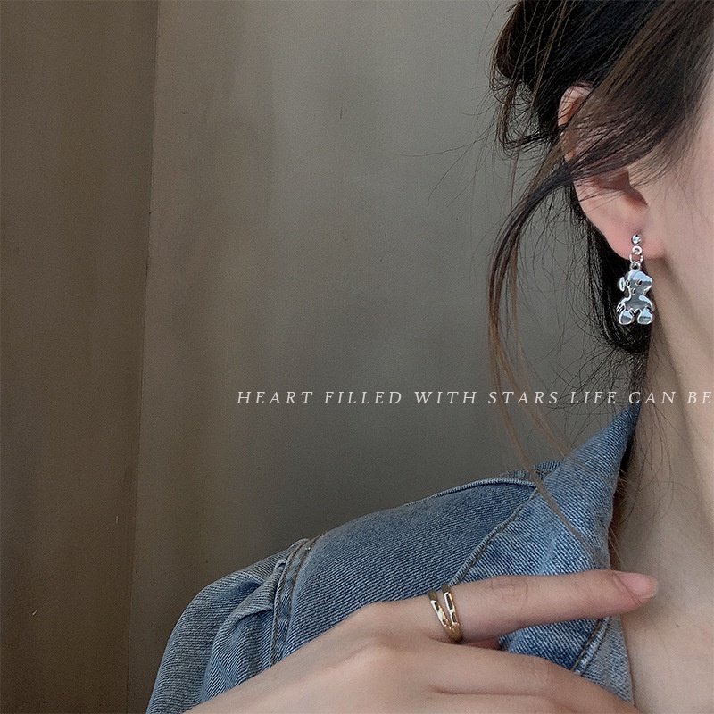 Khuyên Tai Bạc Hình Gấu Và Trái Tim Thời Trang Cá Tính