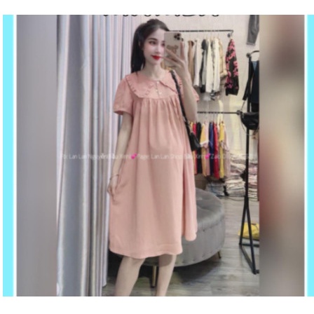 Váy Đầm Bầu Thời Trang Dáng Suông Chất Đũi Tay Ngắn Có Cổ Xinh