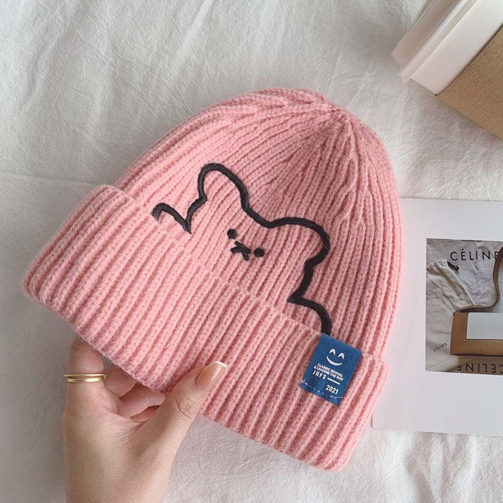 Mũ Len Beanie Họa Tiết Sọc Thêu Hình Gấu Đơn Giản Thời Trang Mùa Đông Cho Nữ