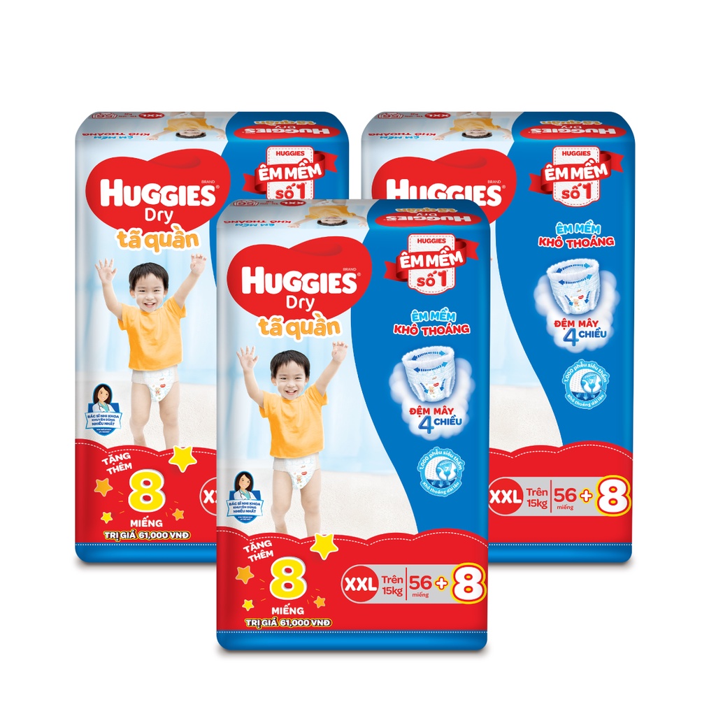 Combo 3 Tã quần Huggies Dry Super Jumbo M74/L68/XL62/XXL56