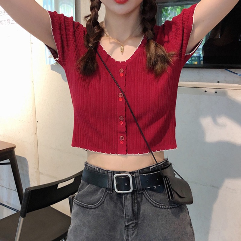 Áo Thun Dệt Kim Tay Ngắn Cổ Chữ V Phong Cách Hàn Quốc