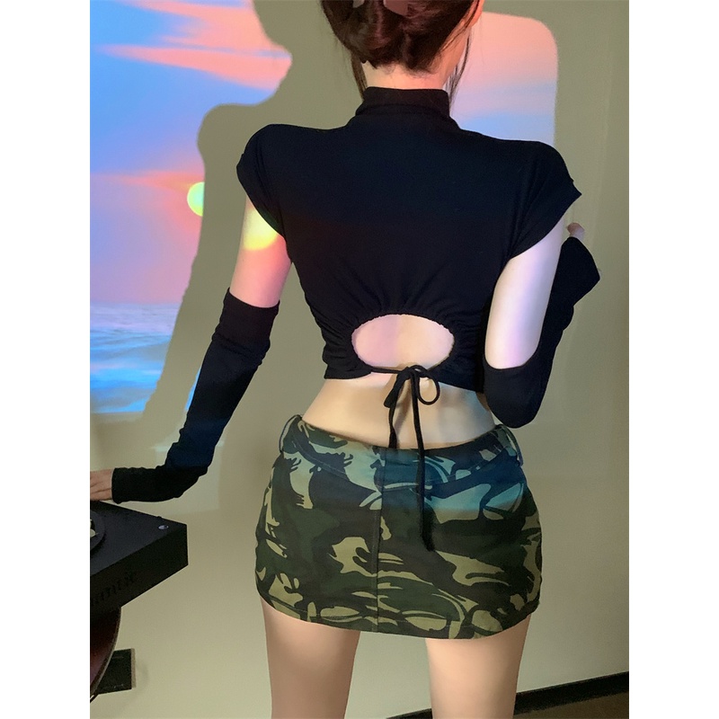 Áo Thun Cổ Cao Hở Lưng Cột Dây Thời Trang Hàn Quốc Cho Nữ