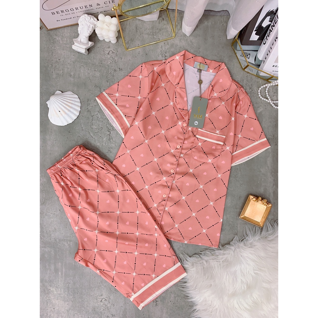 Bộ đồ pijama nữ mặc nhà SAM. Set đồ ngủ chất lụa Luxury dáng ngố đơn giản thỏa mái họa tiết trái tim dễ thương