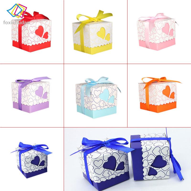 50 hộp quà cưới bằng giấy kích thước 5x5x5cm họa tiết ngôi sao/trái tim kèm dây ruy băng trang trí