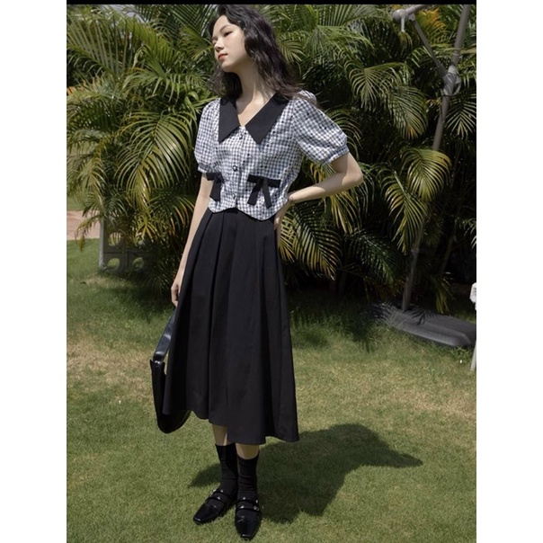 SET ÁO DẠ CARO NƠ TÚI ĐEN + CHÂN VÁY ĐEN MIDI