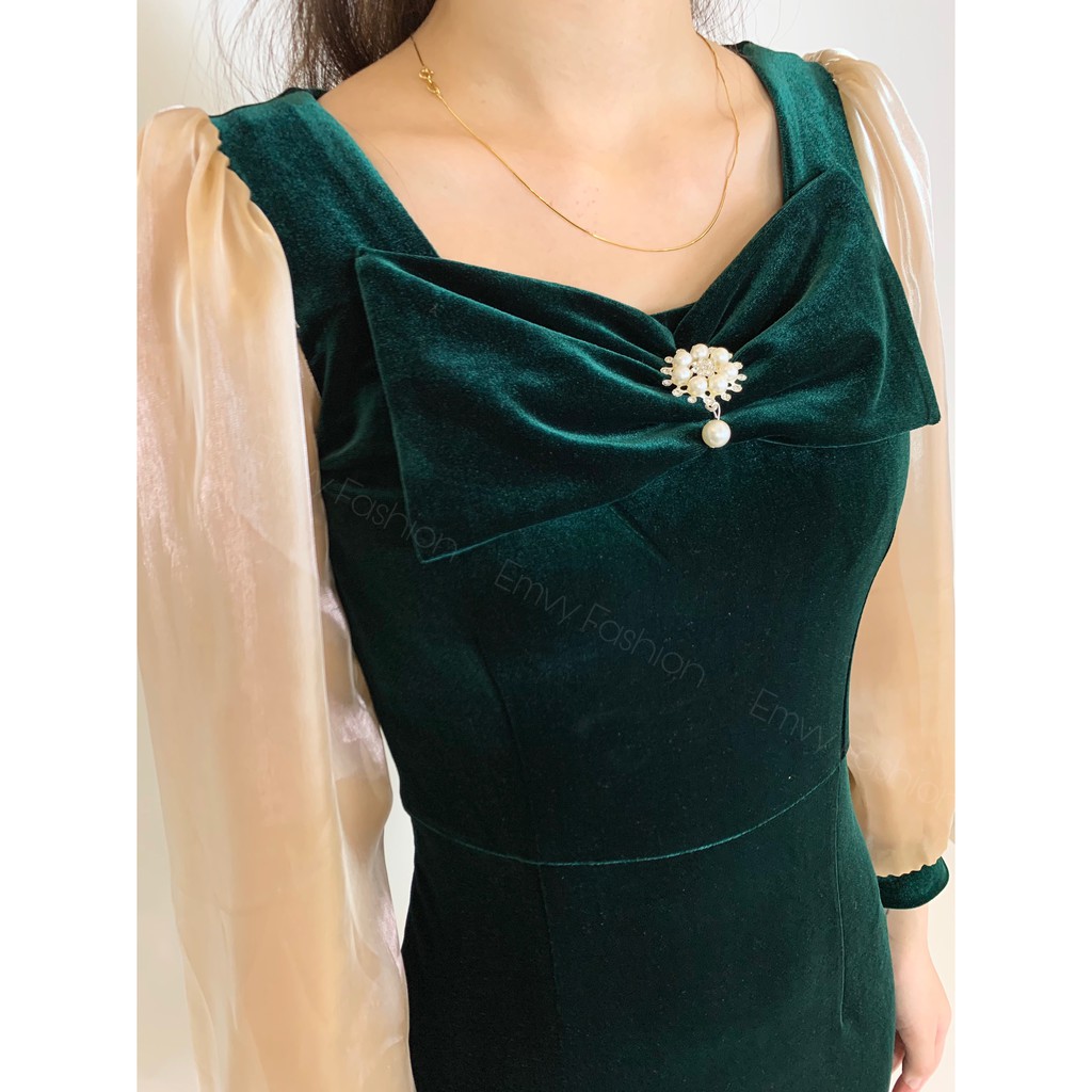 Váy body tuyết nhung tay dài phối tơ Emvy - K11 | BigBuy360 - bigbuy360.vn