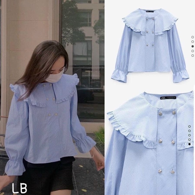 Áo sơ mi trắng xanh vintage phong cách Hàn Quốc shop Chavi
