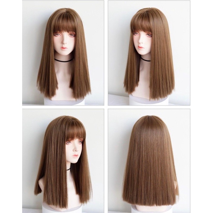 Tóc giả cả đầu thẳng ngắn 35cm phong cách Hàn Quốc tặng lưới đội