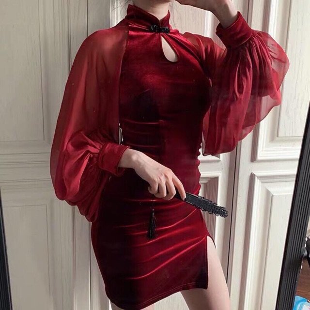 CHINESE DRESS đầm nhung sườn sám phối tay lưới đen, đỏ