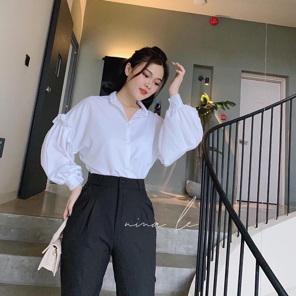 SƠ MI TAY BỒNG TIỂU THƯ BÈO NHÚN ULLZANG - ÁO SOMI TRẮNG VIỀN BÈO TAY PHỒNG FORM RỘNG UNISEX