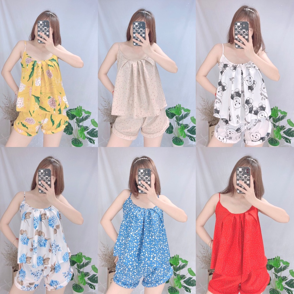 Đồ ngủ nữ 2 dây dập ly quần đùi chất liệu lụa hàn kết hợp với họa tiết siêu xinh freesize dưới 57kg tùy chiều cao