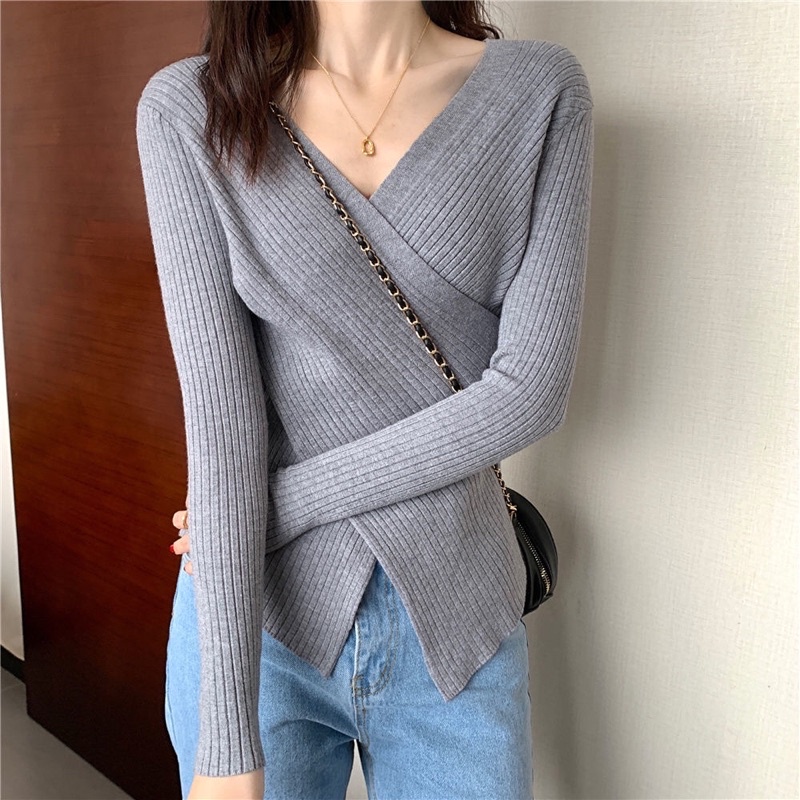 Áo Thu Đông Vạt Chéo | Áo Len Tăm cổ chữ V cách điệu dài tay phong cách hàn quốc dành cho nữ