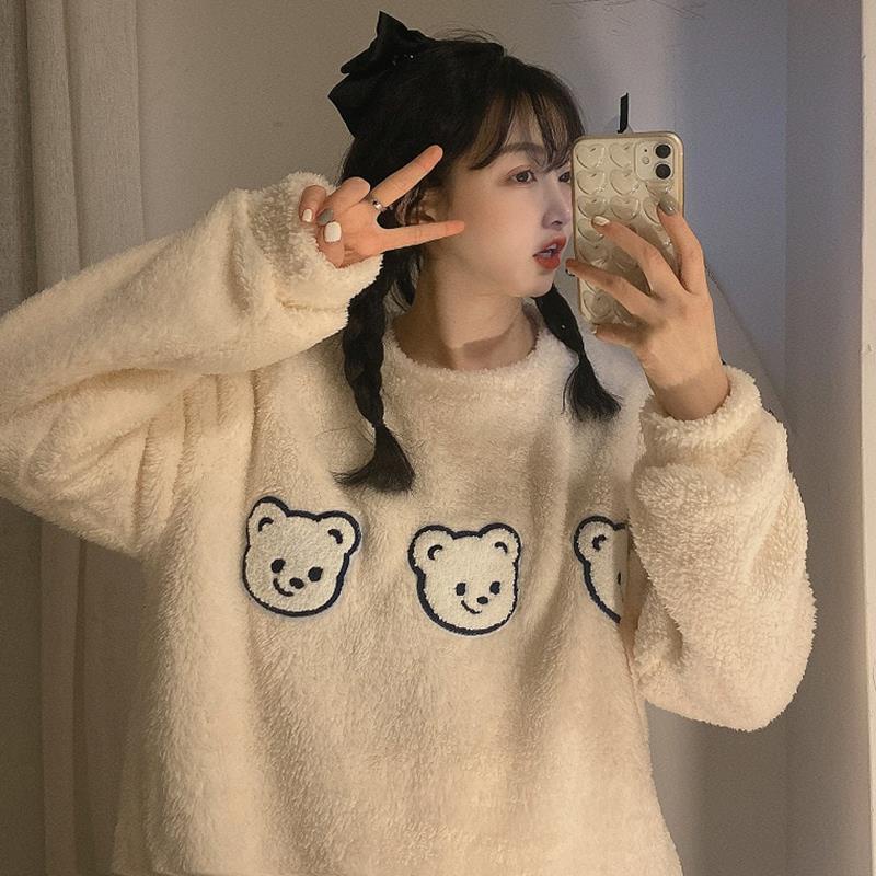 🔥Bán Nóng🔥 Bộ Đồ Ngủ Tay Dài Phối Lông Dày Dặn Thời Trang Thu Đông Mới Dành Cho Nữ