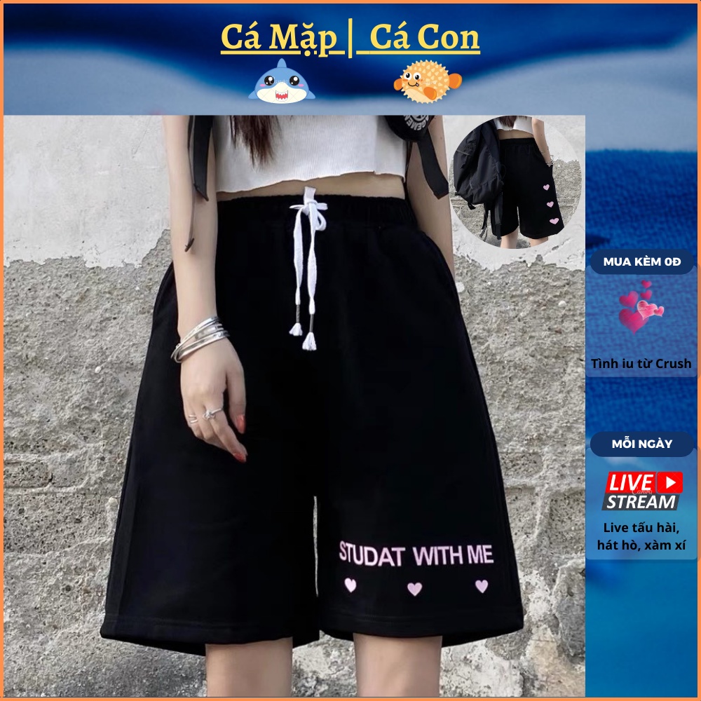 Quần đùi thụng chữ tim hồng quần short ngố lửng ulzzang nam nữ unisex phong cách Hàn Quốc