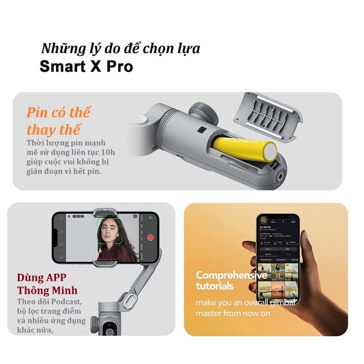 Gimbal SMART X PRO, Tặng Chân, Gậy Selfie Chống Rung Cho Điện Thoại - Có Sạc Không Dây - Pin 3200 mAh - Đèn Led Trợ Sáng