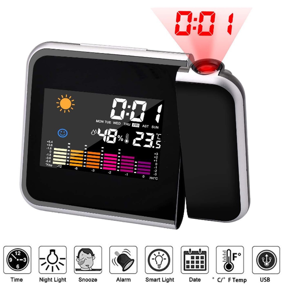 Máy Chiếu Đèn LED Hiển Thị Ngày Giờ Màu Đen Có Cổng Sạc USB