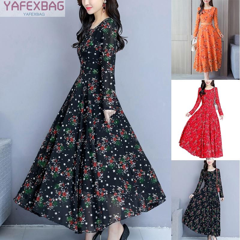 Korean version of the new  Summer Womens Casual Round Neck Long Sleeve Waist Floral Printing Long Dress