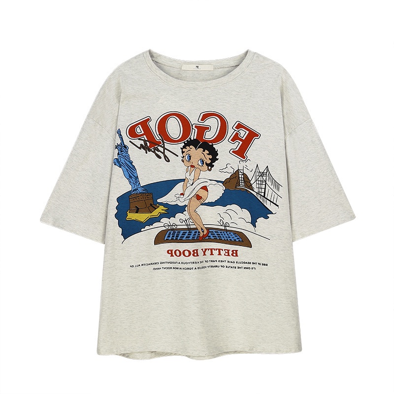 SUXI Áo Thun Tay Ngắn Cổ Tròn In Họa Tiết Chữ Cái Hoạt Hình Dáng Rộng Thời Trang Mùa Hè Cho Nữ