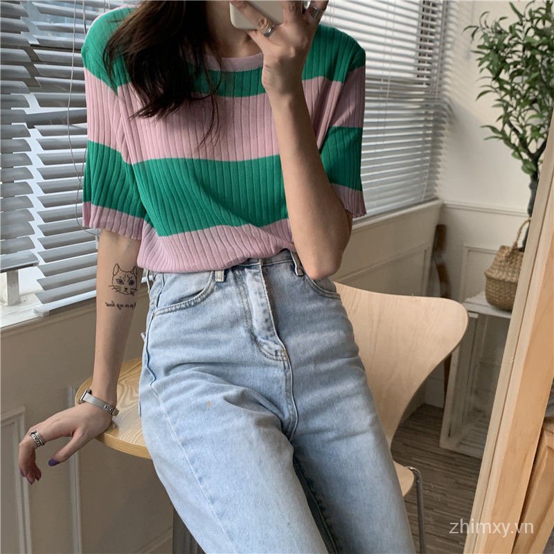 Áo dệt kim Do Dower tay ngắn dáng rộng họa tiết kẻ sọc màu tương phản thời trang mùa hè Hàn Quốc cho nữ | BigBuy360 - bigbuy360.vn