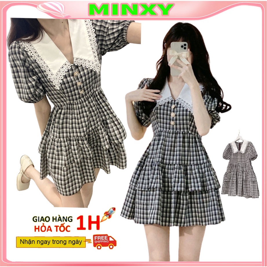 Váy kẻ cổ phối ren đầm khuy ngọc mặc đi làm đi chơi hay dạo phố đều kute hết nấc