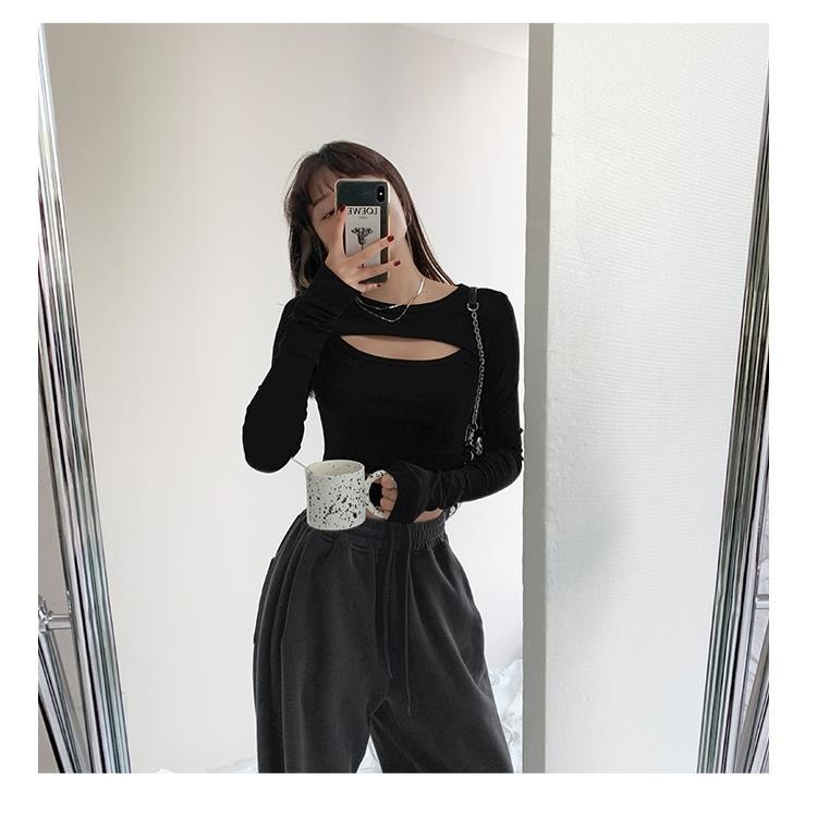 Áo thun COZOK tay dài dáng ôm thiết kế khoét lỗ thời trang quyến rũ cho nữ