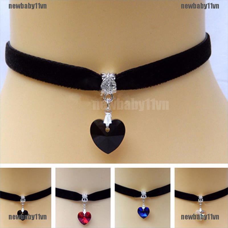 Vòng cổ nhung handmade đính đá hình tim 80 90s mới