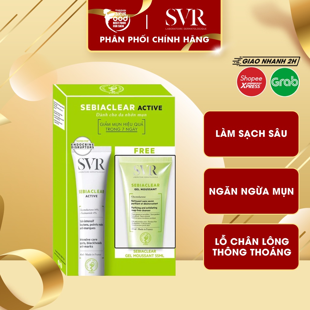 Bộ Đôi Giảm Mụn & Làm Sạch Dành Cho Da Dầu Mụn SVR Sebiaclear Active 40ml + Gel Moussant 55ml