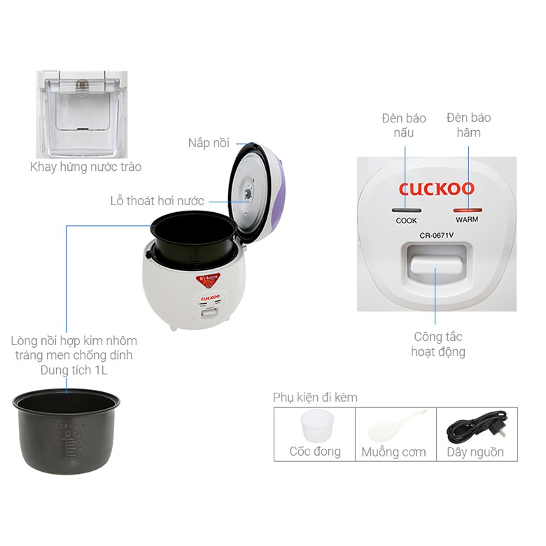 Nồi Cơm Điện Cuckoo CR-0671V 1.0 Lít 1.0L - Hàng Chính Hãng (Bảo Hành Toàn Quốc 2 Năm)