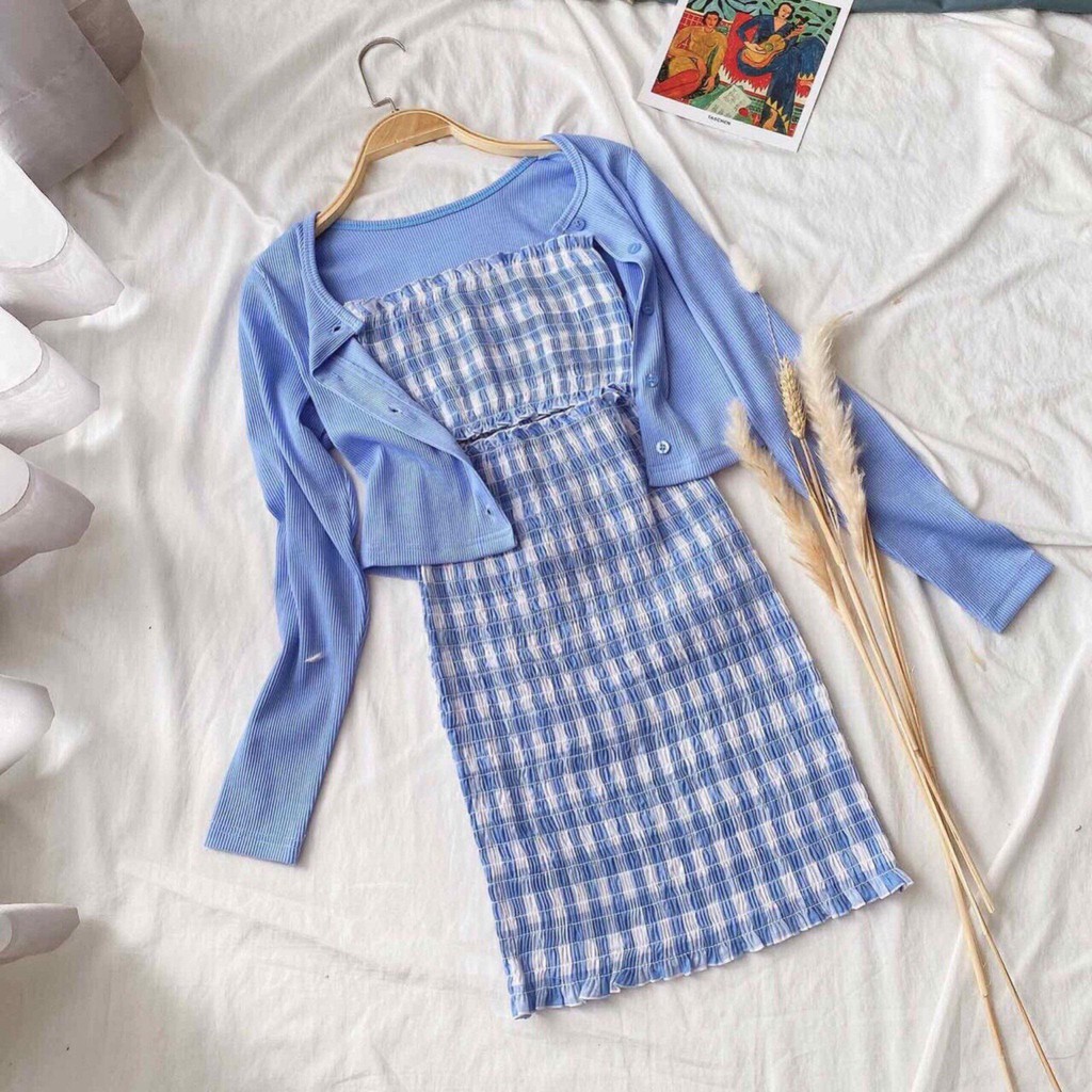 Set đầm caro xanh cutout kèm áo khoác ngoài