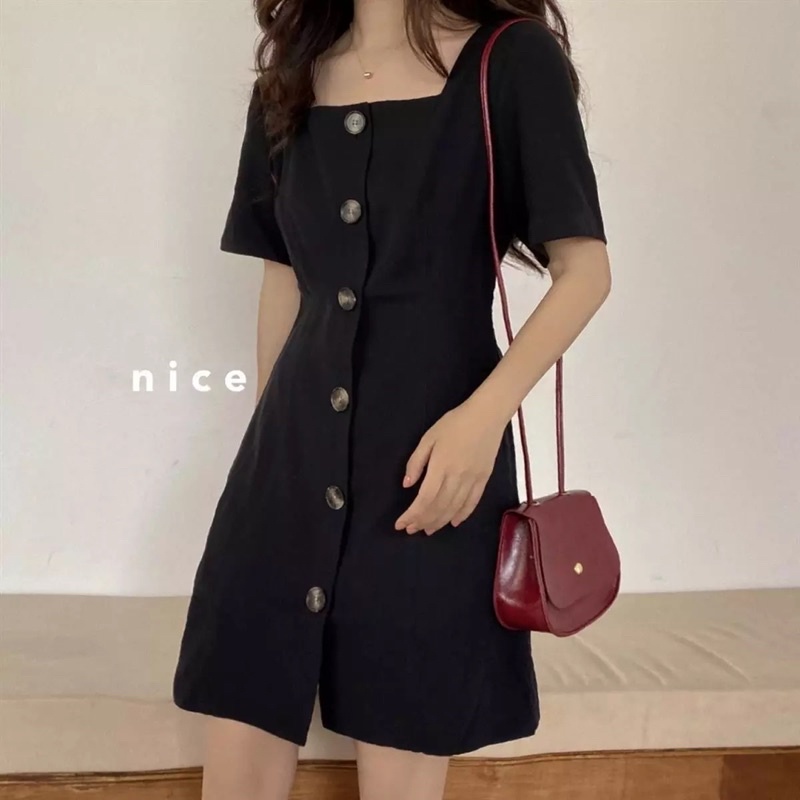 Đầm cổ vuông tay phồng dáng A, đầm dự tiệc thời trang xinh đẹp