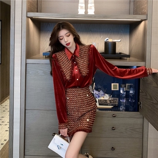 [Hàng order] [Ảnh thật] Set dạ tweed Áo sơ mi nhung đen + chân váy dạ mã VT87
