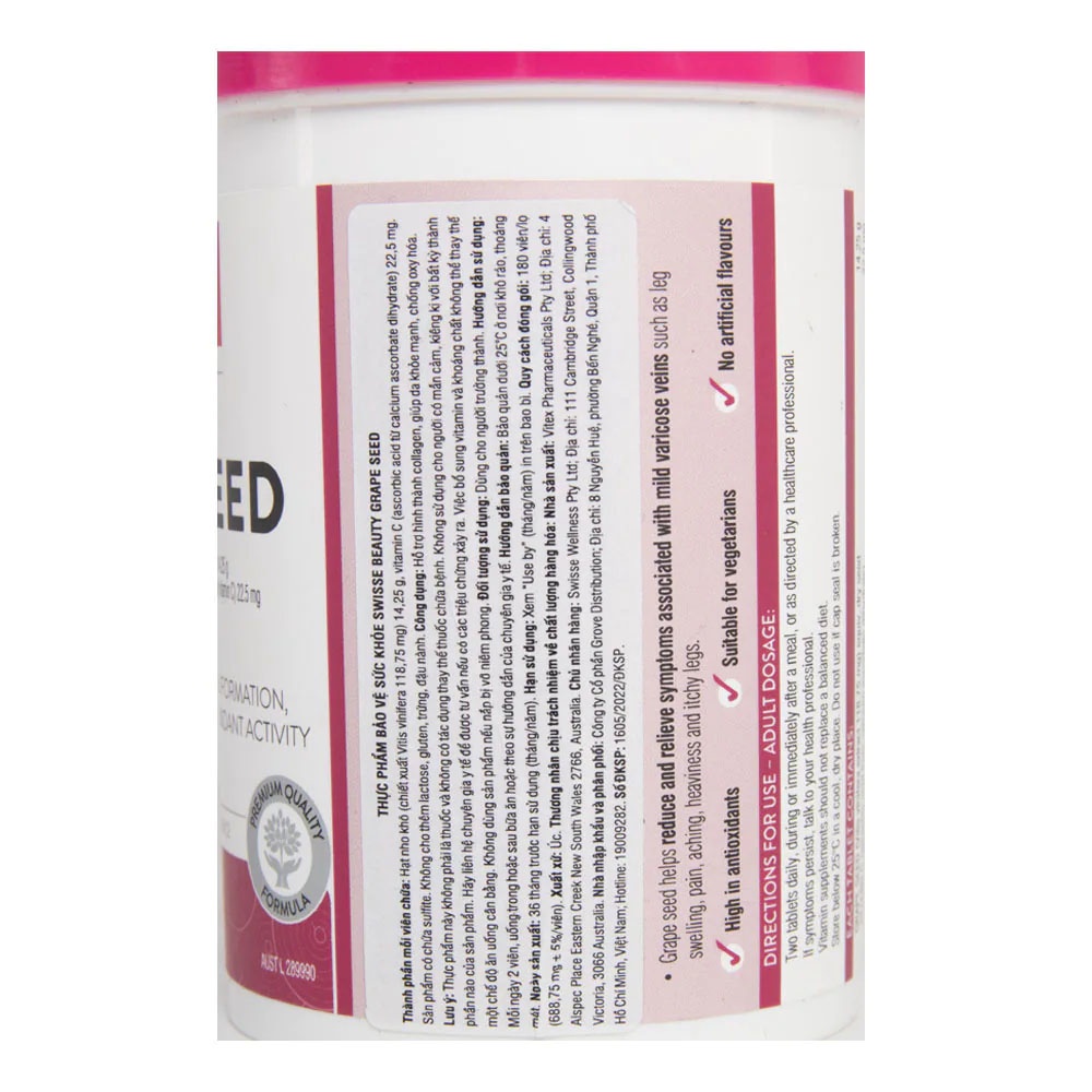 Thực Phẩm Bảo Vệ Sức Khỏe Swisse Tinh Chất Hạt Nho Beauty Grape Seed 180 Viên