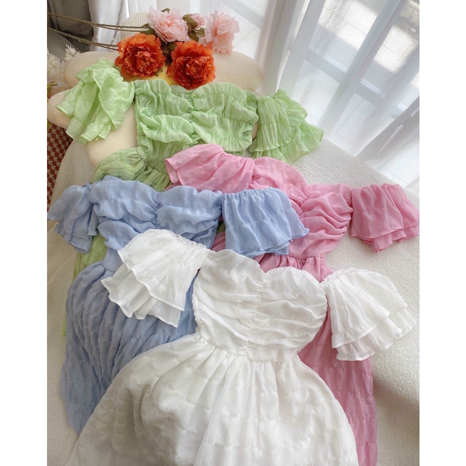 Đầm maxi nữ trễ vai xếp tầng vải nhún xinh xắn với các màu tôn da, hot trend dành cho các tình yêu đi chơi, đi biển