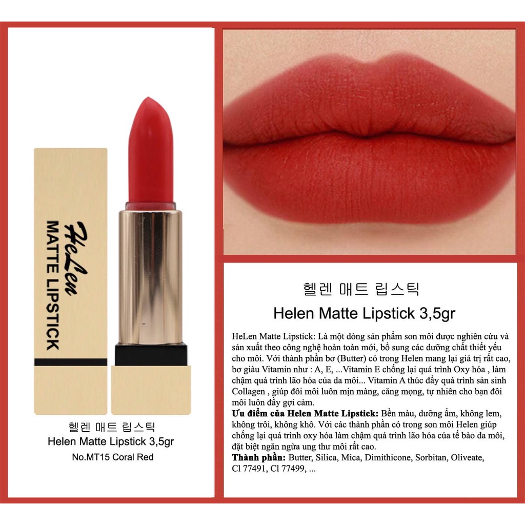 Son lì siêu mịn dưỡng ẩm & không trôi Helen Matte Lipstick 3.5g