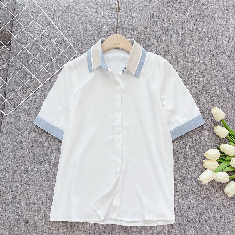 Áo sơ mi nữ trắng cộc tay Chunxuu cổ đức phối màu kiểu giấu cúc thời trang công sở - SP21